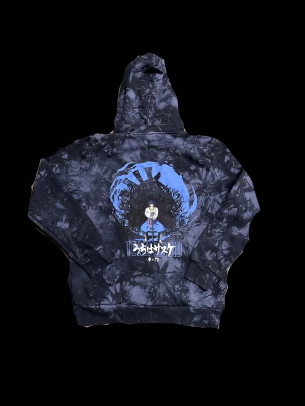 Black Tie-Dye Anime Naruto Shippuden Team Liquid Graphic Hoodie with Blue Accent